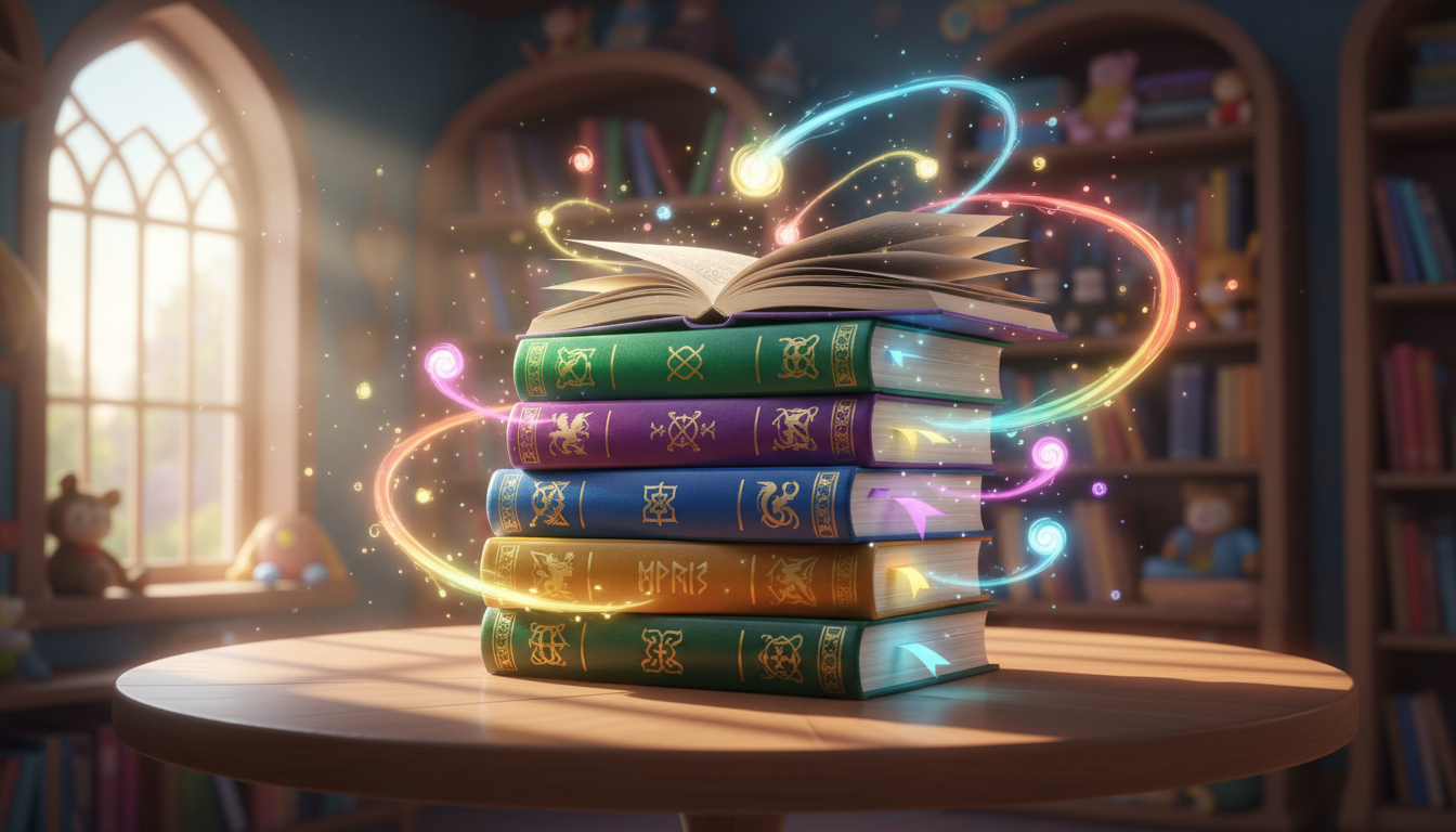 A stack of vibrant, magically glowing hardcover books with ornate, gold-embossed fantasy symbols on their colorful covers, resting atop a smooth, rounded wooden table. The books' edges gently shimmer in a spectrum of bright hues, while whimsical, luminescent wisp-like shapes swirl from between the pages, adding playful movement. The setting is bathed in lively, midday sunlight streaming through a nearby arched window, creating pools of light and soft highlights on the glossy book covers. The mood is energetic and inviting, capturing a sense of discovery and enchantment. Photographed from a slightly elevated eye-level angle with a shallow depth of field to keep the focus on the books, the style is photographic realism with a bold, whimsical color palette and rounded forms, perfectly suiting a vibrant infantojuvenil fantasy bookstore.